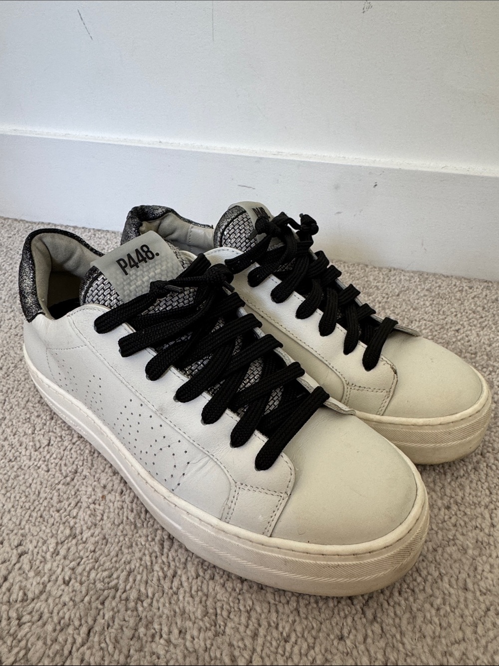 P448 White Leather Sneakers with Black Laces and Snake-Print Heel - Size 39 - Picture 2 of 10